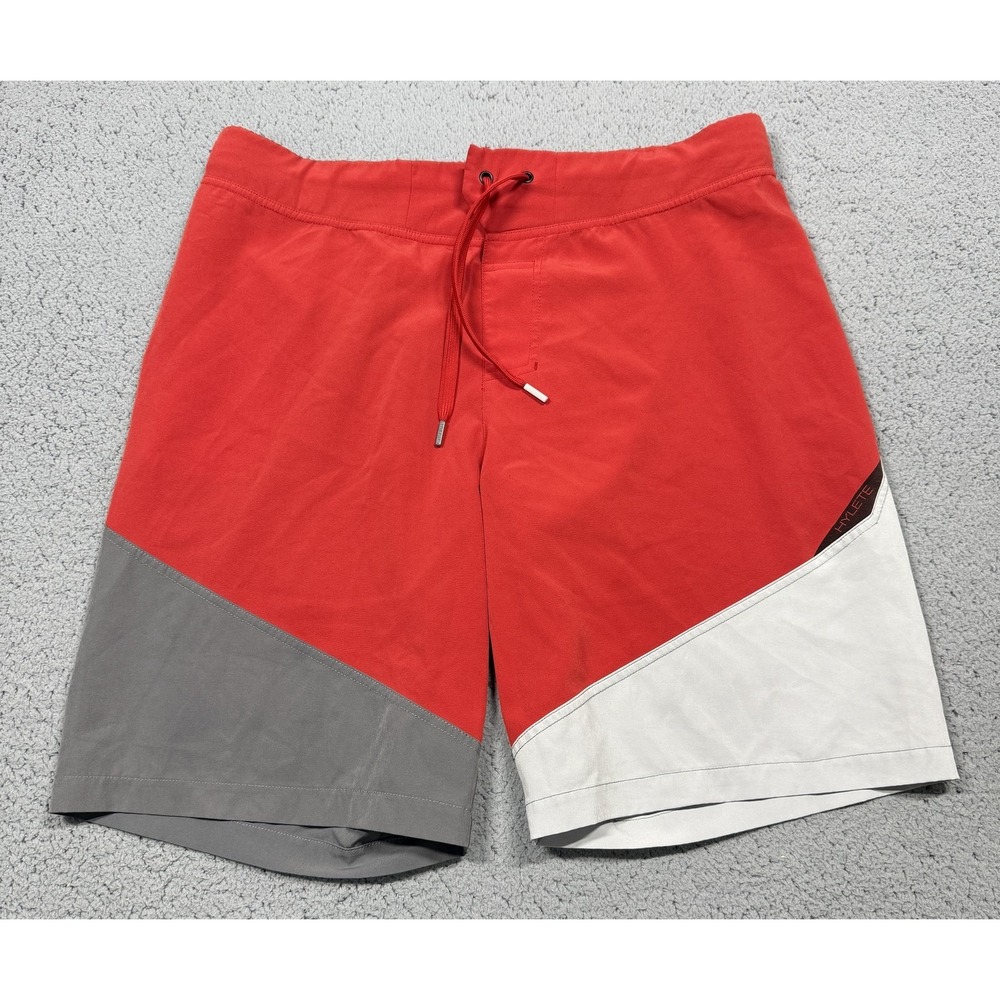 HYLETE Shorts Mens Large Red Colorblock Athletic Stretch Drawstring 9 Inseam